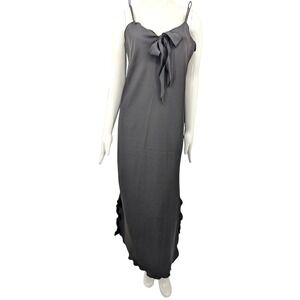 Vintage Erica Loren Black Maxi Slip Dress Bow Front Scalloped Hem Loungewear L